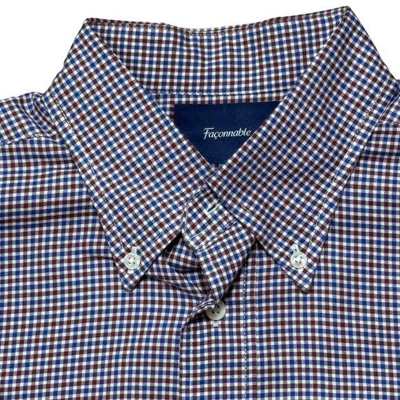 Faconnable Mens Button Down Red White Blue Check Plaid Short Sleeve Shirt Medium - Picture 3 of 9